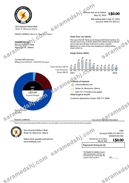 Liberia Electricity Corporation business utility bill template in Word and PDF formats